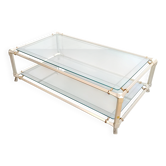 Table basse rectangulaire en cristal et métal blanc avec étagère inférieure