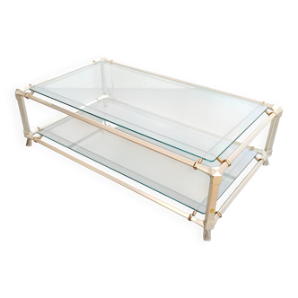 Table basse rectangulaire en cristal et métal blanc avec étagère inférieure