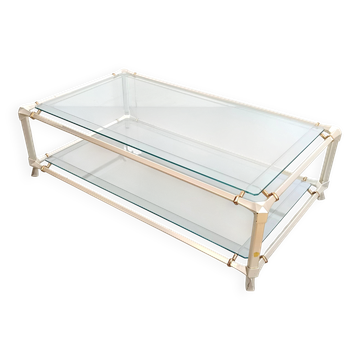 Rectangular Crystal and White Metal Coffee Table with a Lower Shelf