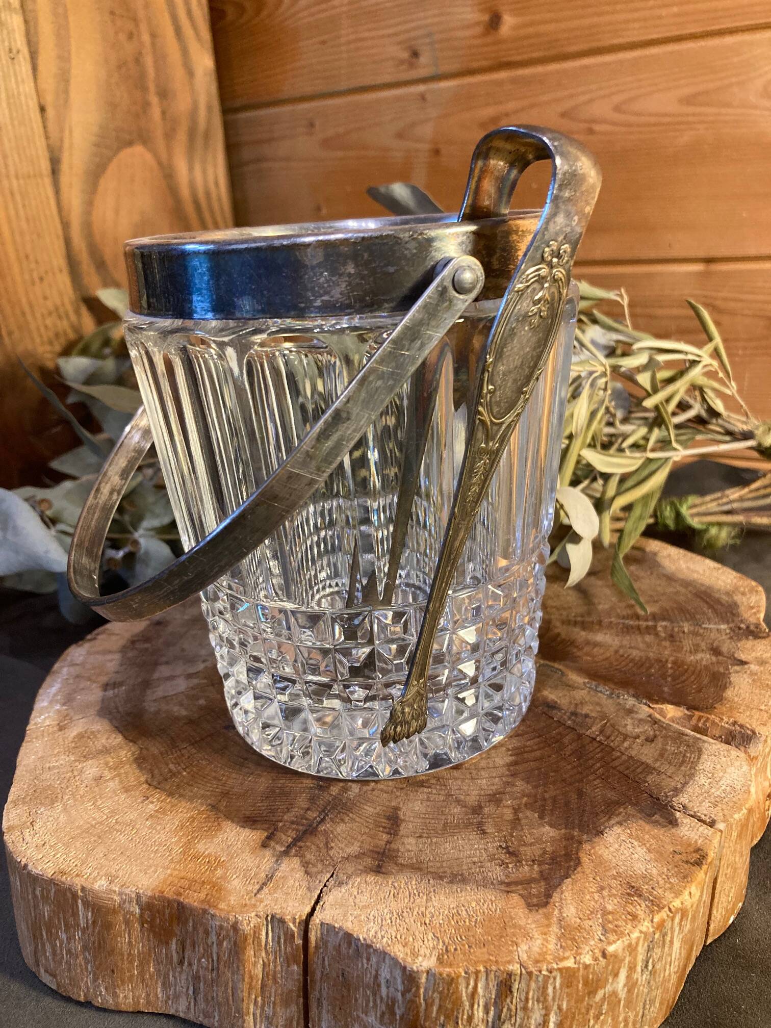 Crystal and silver-plated metal ice bucket + wine tableware tongs