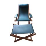 Chaise longue pliante et repose-pied en chêne et cuir Emile Duvivier