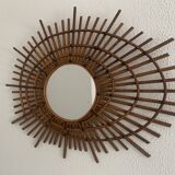 Miroir vintage 1960 soleil rotin style ORTF spirale - 80 x 62 cm