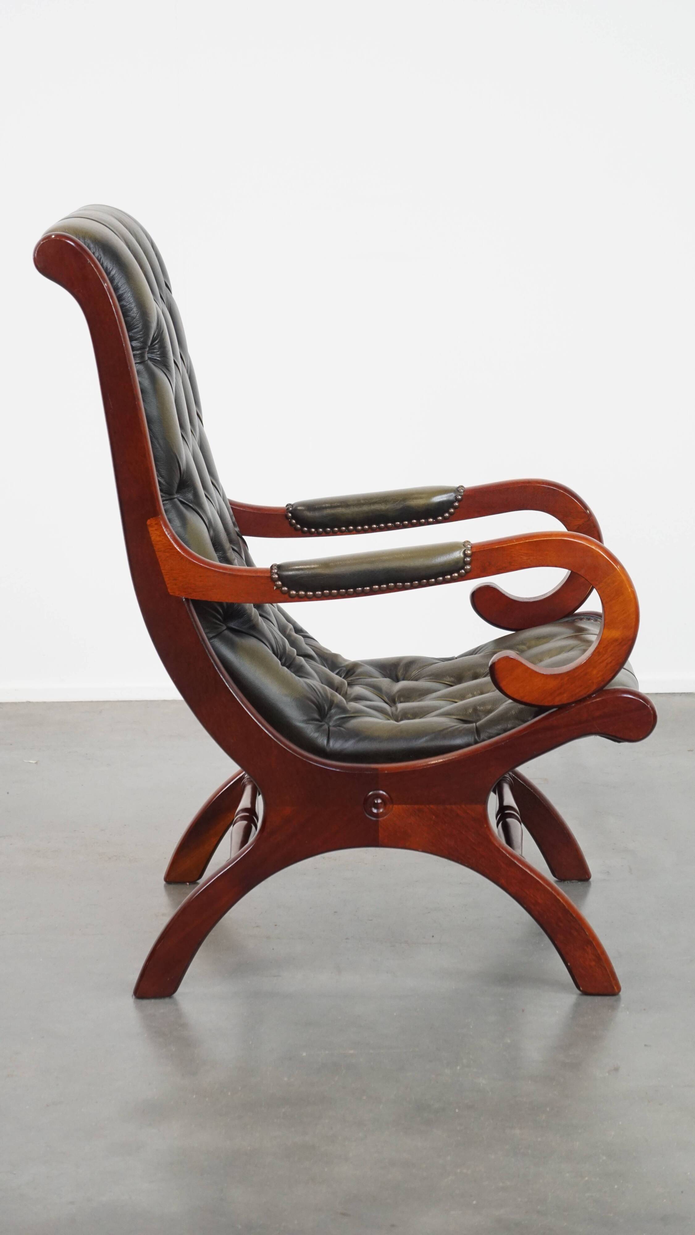 Green English-Style Cowhide Leather Chesterfield Armchair with Wood