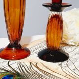 Lot of 2 amber glass candlesticks blown bubbled