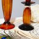 Lot of 2 amber glass candlesticks blown bubbled
