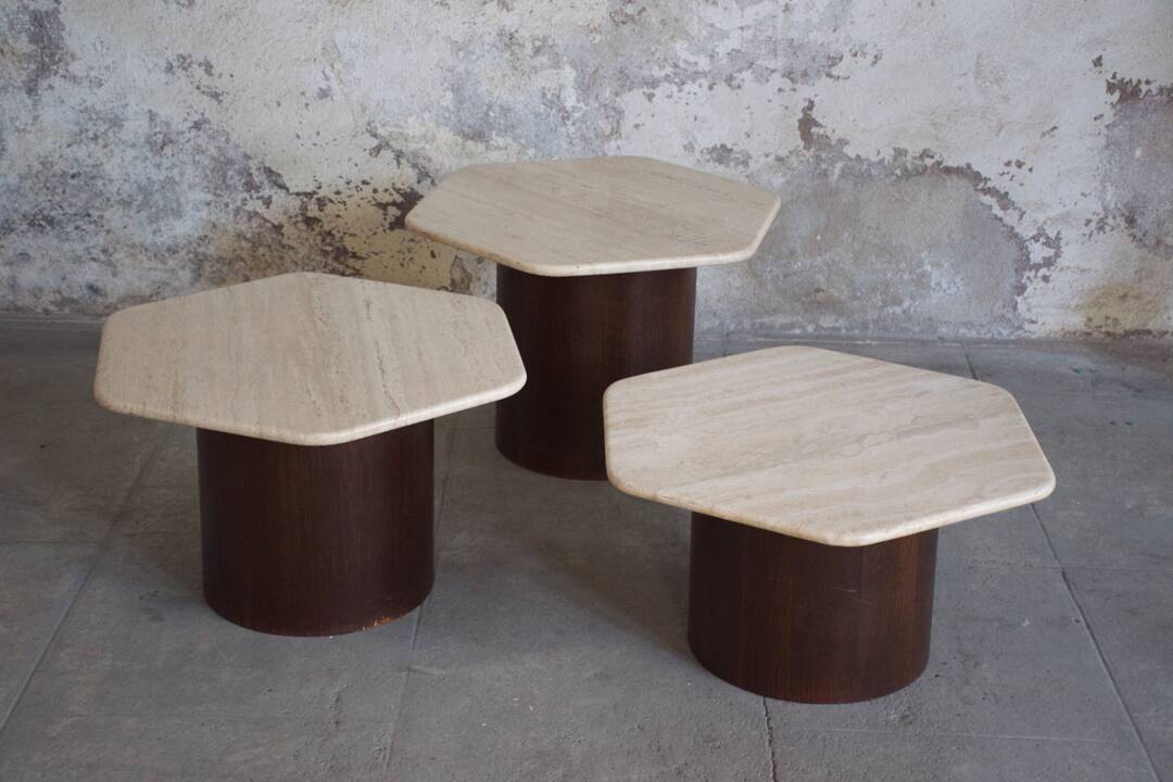 Three Gigogne Travertine coffee tables 1960