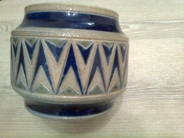 real Betschdorf Alsace vase pot, salt sandstone, blue gray, incised patterns