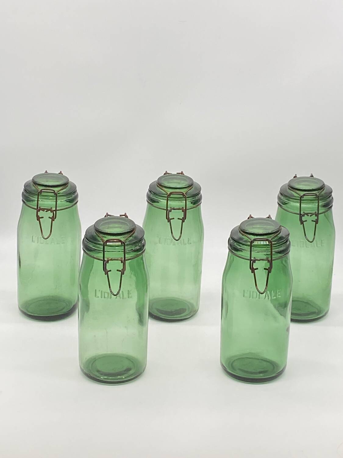 Set of L'ideal jars, old, glass / green