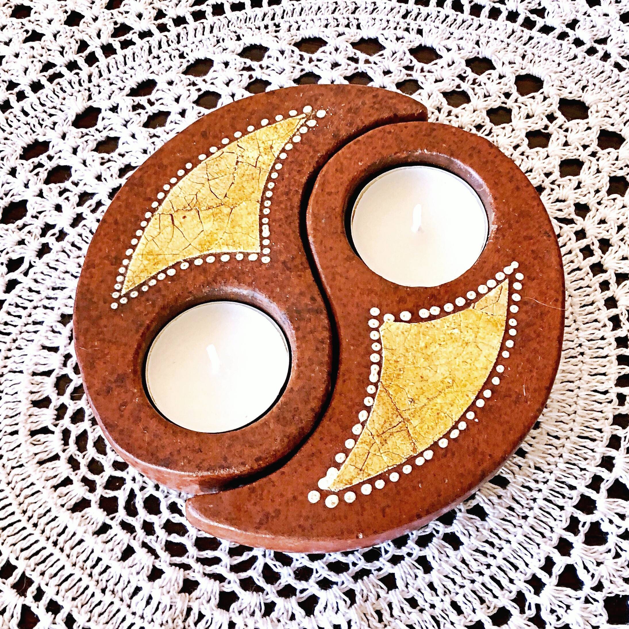Double tealight candle holder YIN -YANG terracotta handmade decor Indonesia