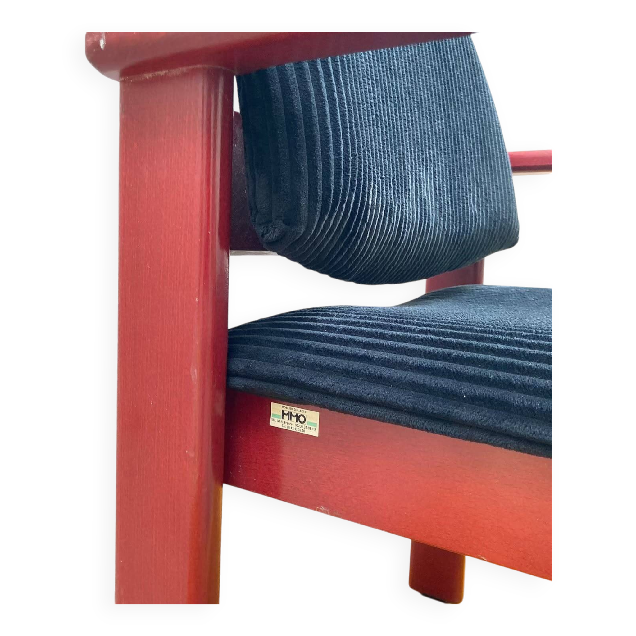 MMO Mobilier Collectif armchair, red patinated wood and black corduroy