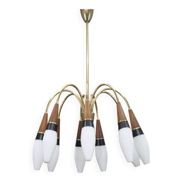 Lustre en verre opalin en laiton et teck Rupert Nikoll des années 1960, Autriche
