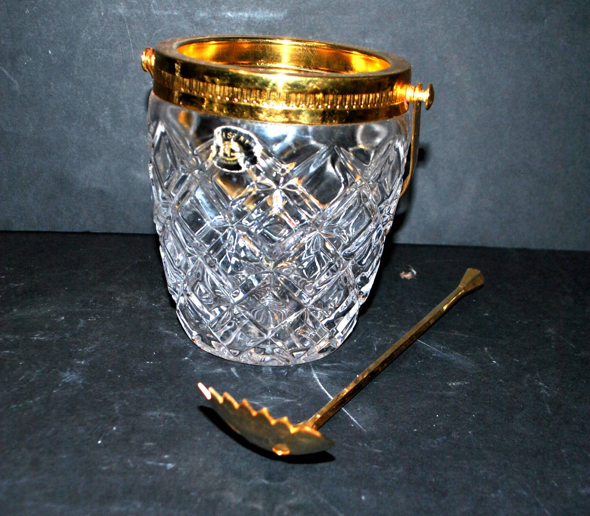 Vintage crystal ice bucket and gold frame "cristal ga" and cocktail ice cube spoon