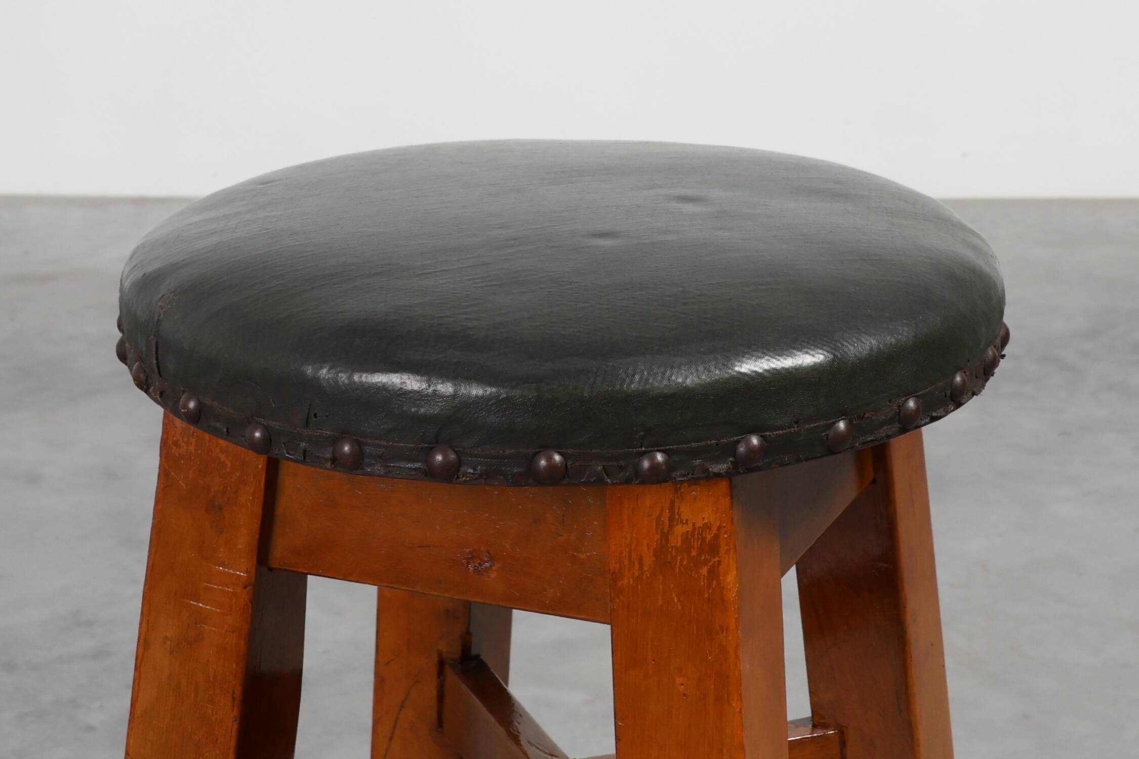 Arts & Crafts Meets Early Art Deco Oak & Leather Stool, France 1920