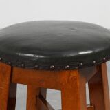 Arts & Crafts Meets Early Art Deco Oak & Leather Stool, France 1920