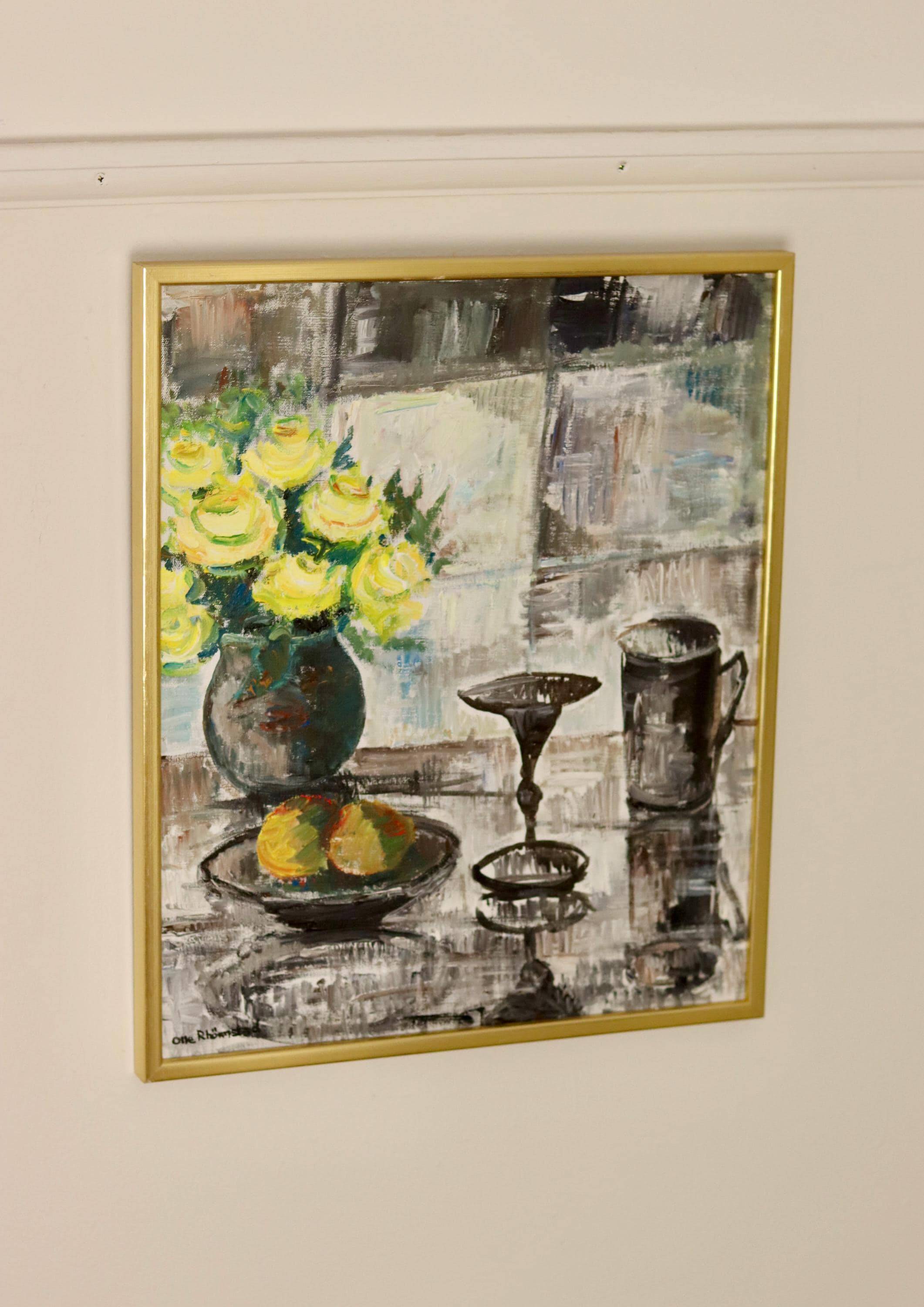 Still life with yellow roses and fruits by Olle Rhönnstrand, oil on Swedish canvas from the mid-century.