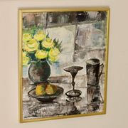 Swedish Mid-Century Oil On Canvas " Still Life with Yellow Roses and Fruit " by Olle Rhönnstrand