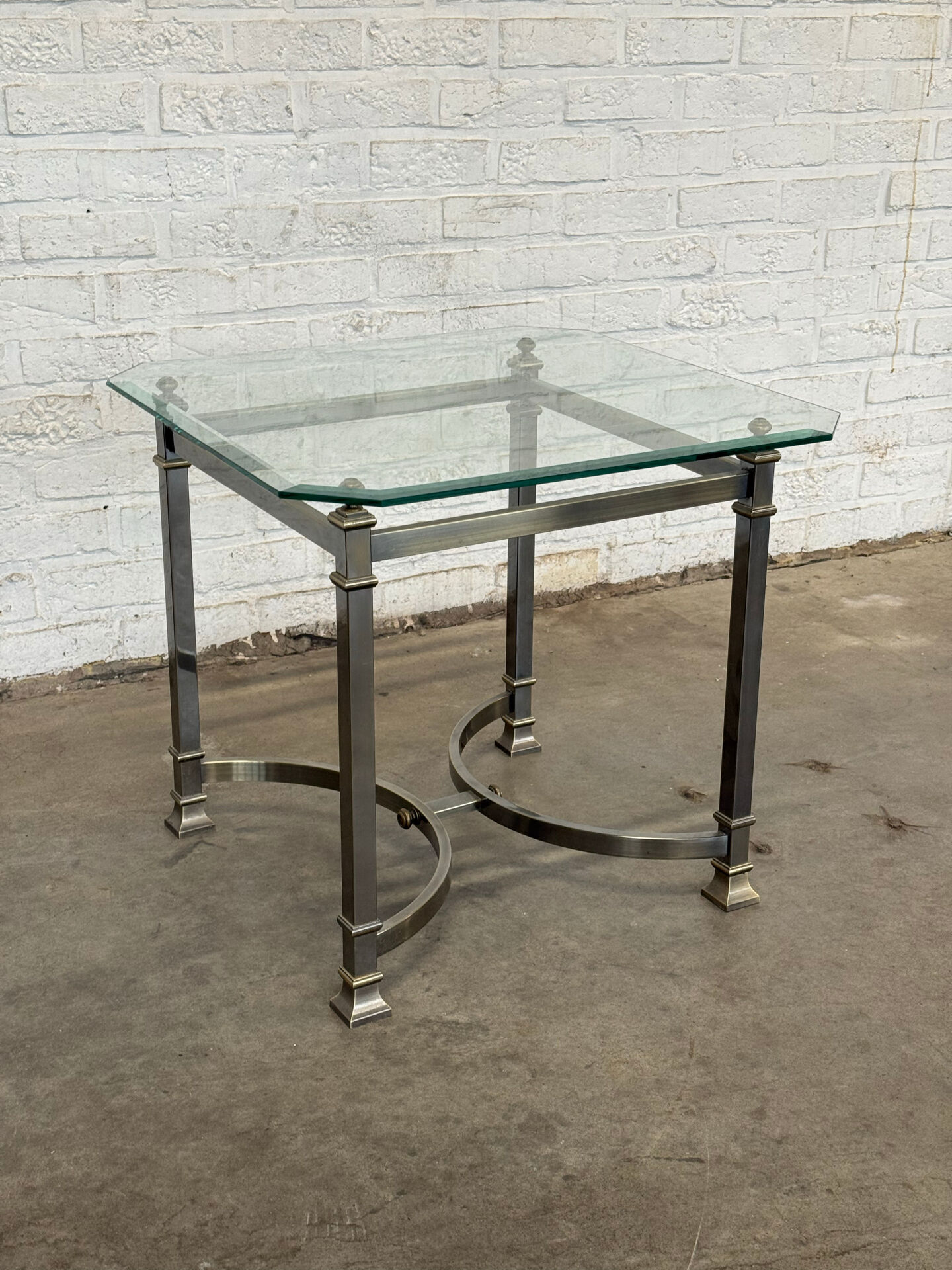 Vintage Neoclassical Side Table — Gun Metal & Brass Frame with Octagon