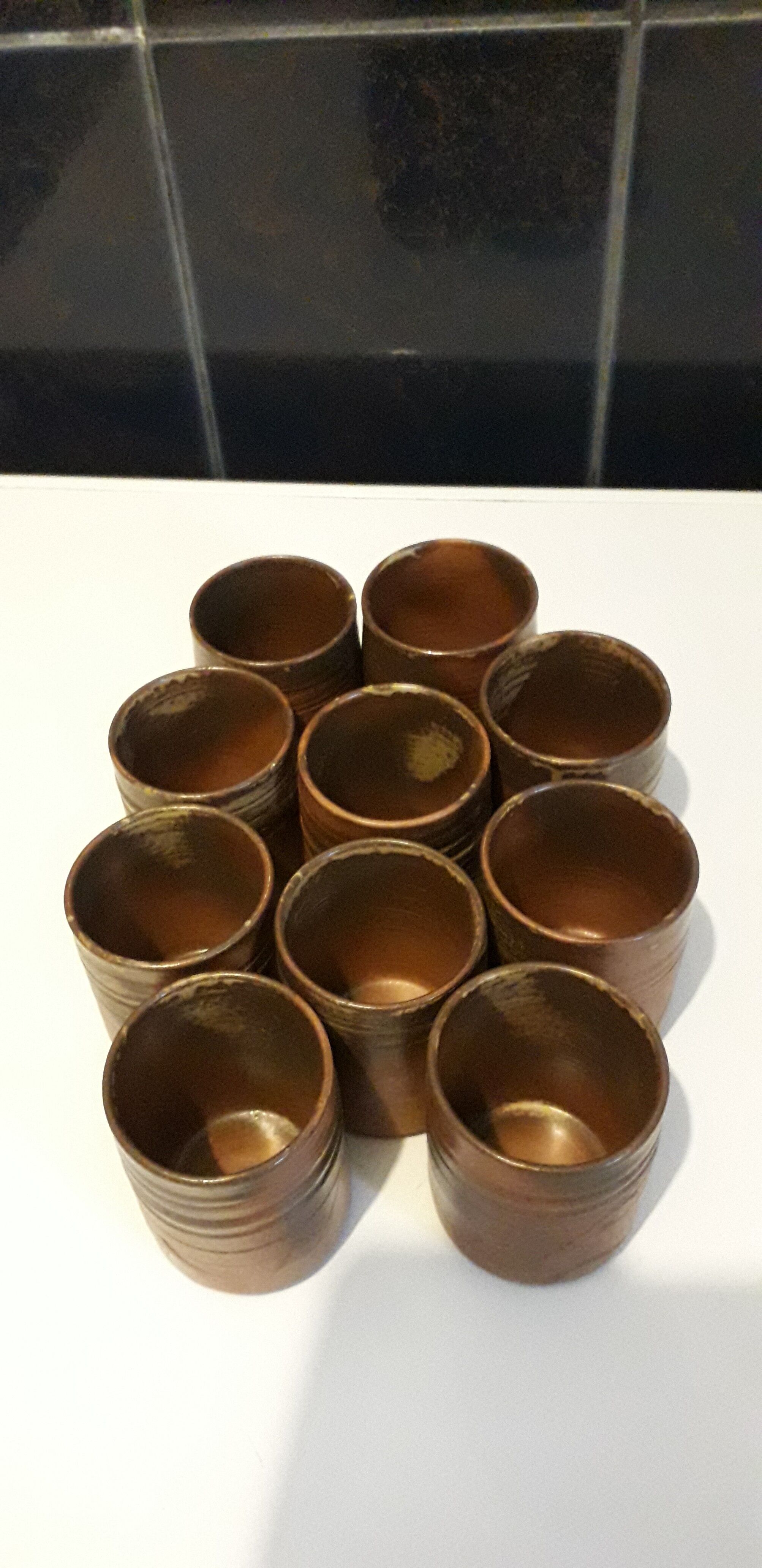 Set of 10 Japanese tea glasses in partially enamelled sandstone