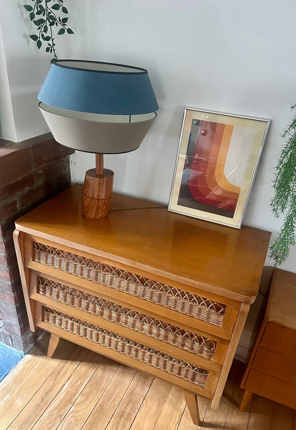 Vintage rattan and wood chest of drawers