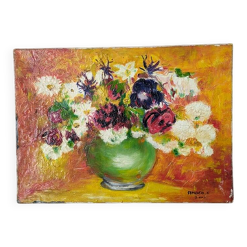 Acrylique sur toile tableau ancien nature morte vintage décoration campagne