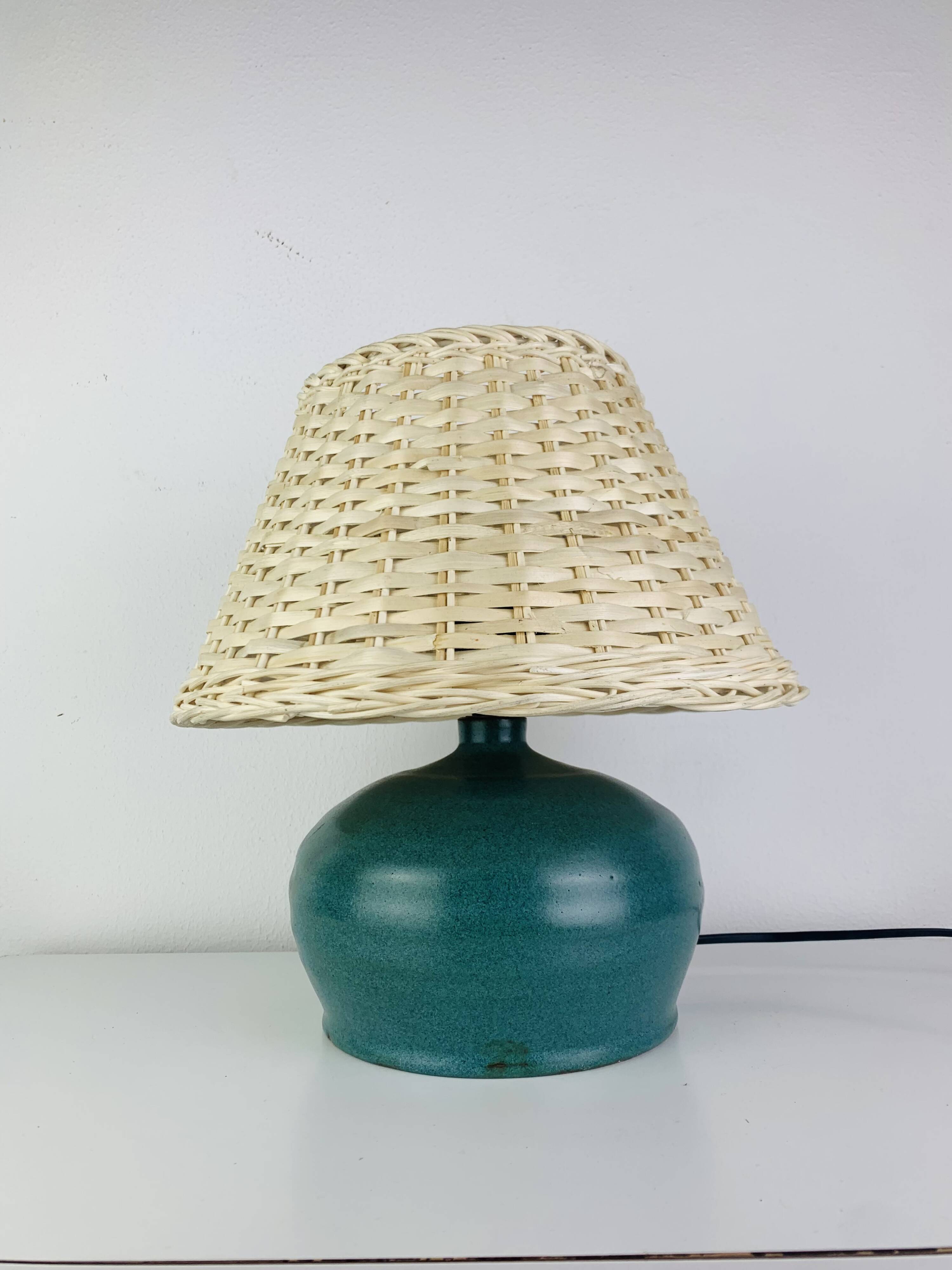 Ceramic green/blue globe lamp, rattan shade, vintage