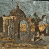 Oil on panel early 20th century oriental landscape Bedouins