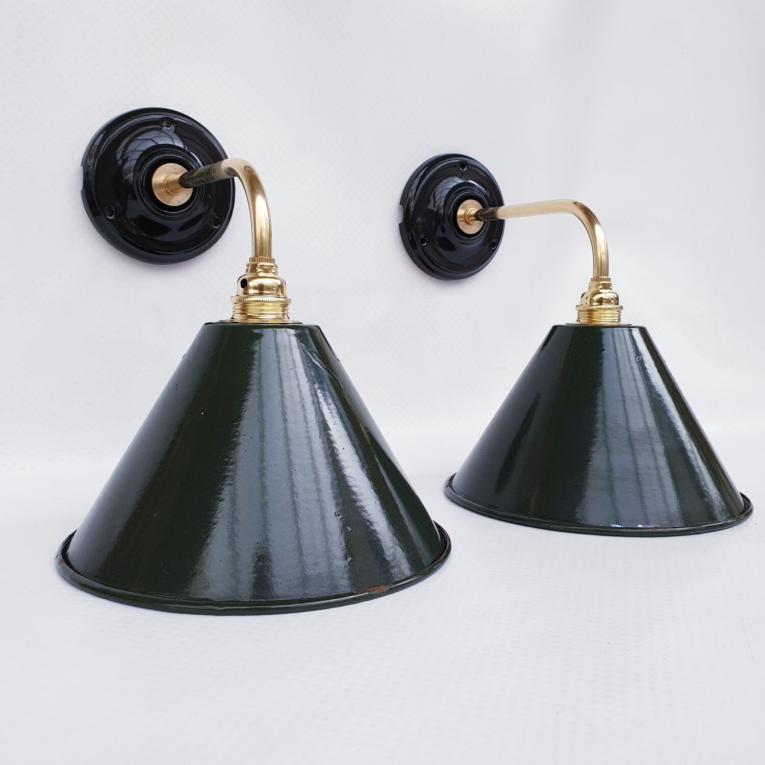 Pair of antique enamelled sheet metal wall lights