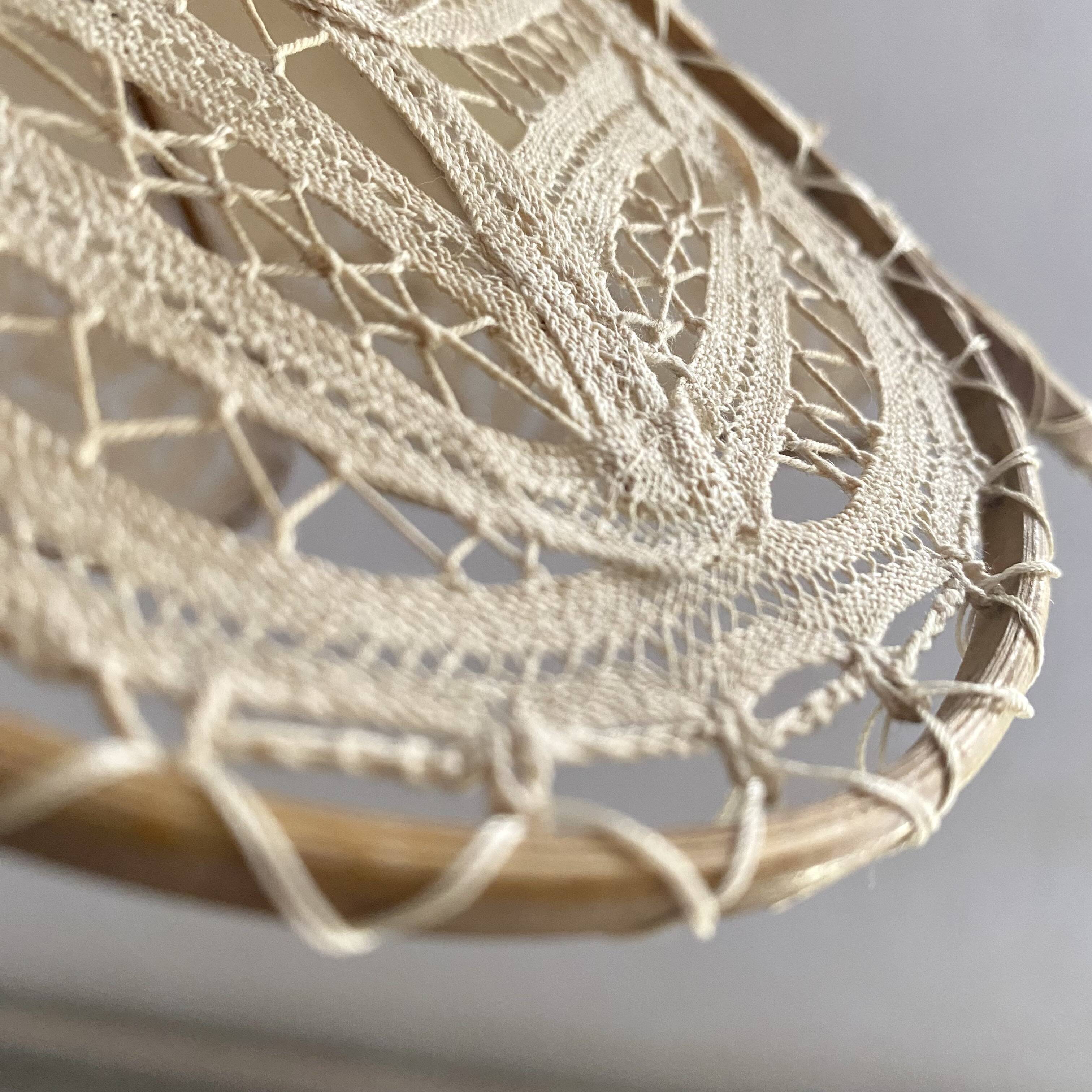 Antique hanging lampshade in rattan and openwork embroidered fabric