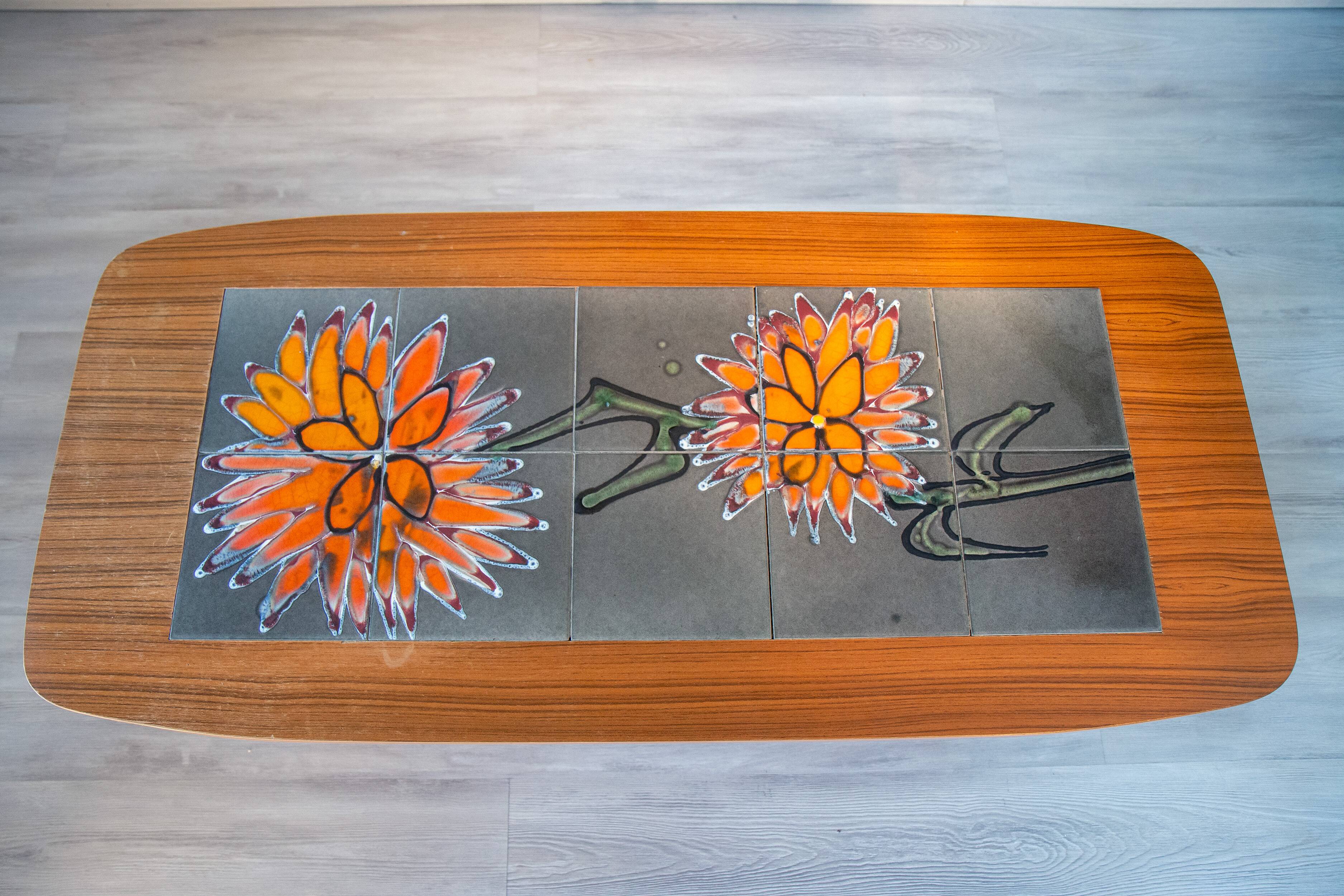 Ceramic and teak coffee table, Scandinavian design from the 60s