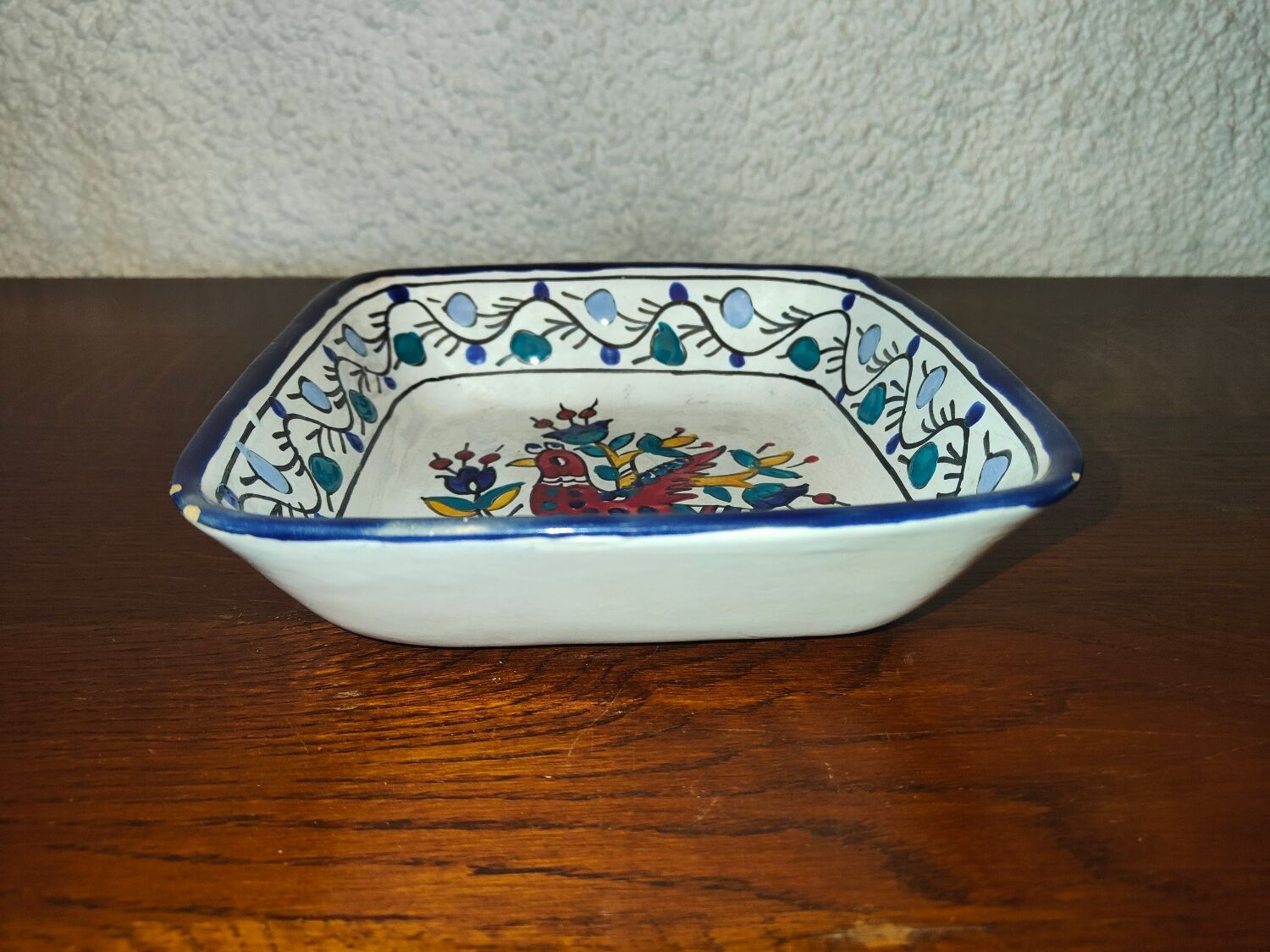 Old square dish square cut in polychrome glazed ceramic Nabeul Tunisian with bird decoration