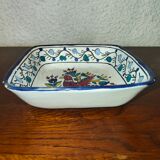 Old square dish square cut in polychrome glazed ceramic Nabeul Tunisian with bird decoration