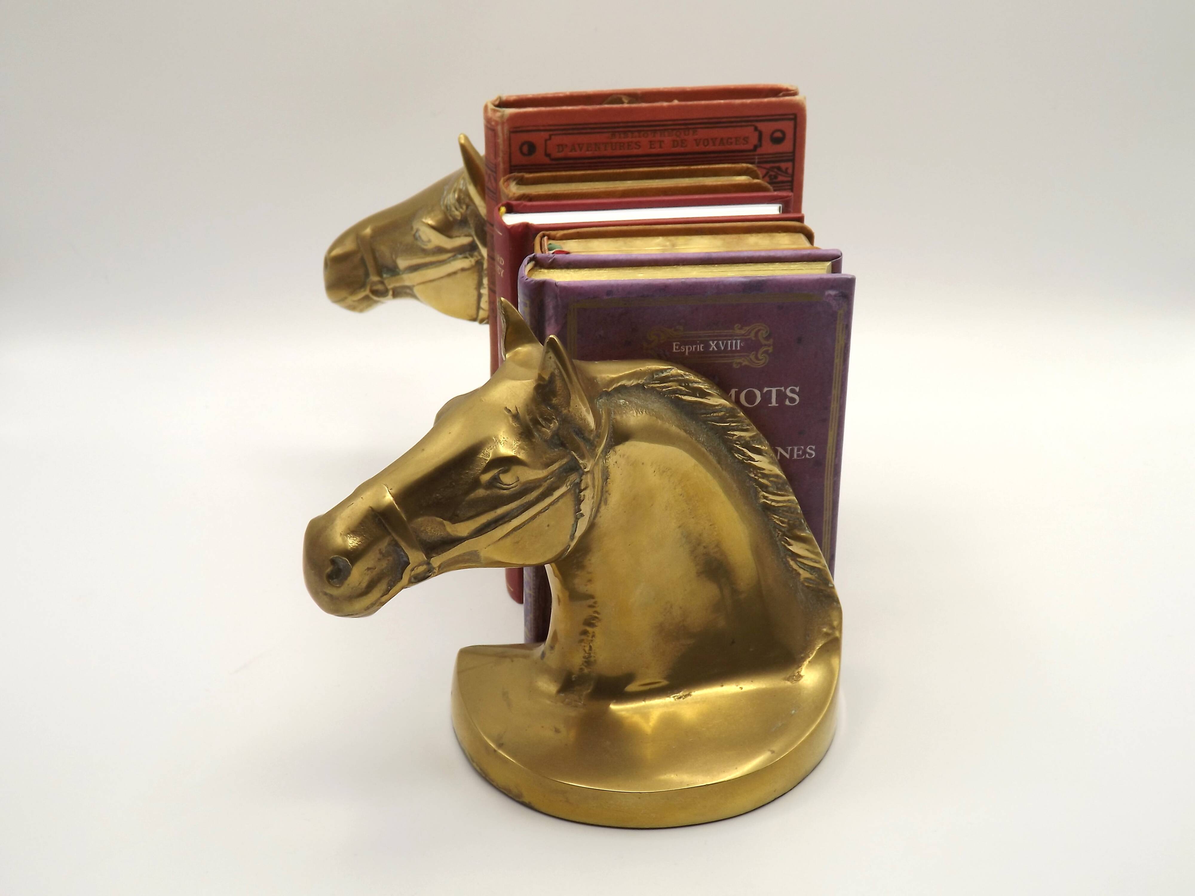 Vintage Brass Horse Head Bookends Pair – French Cast Brass Equestrian Decor