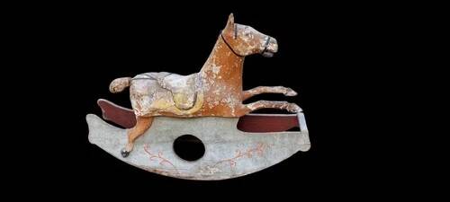 Ancien Cheval À Bascule XIXe Siècle En Bois Et Papier Mâché Peint