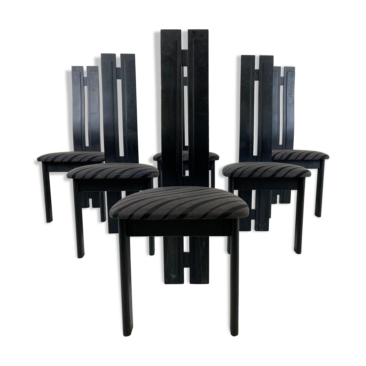 Set of 6 black wooden high back dining chairs - 1980s