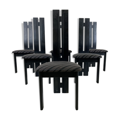 Set de 6 chaises de salle à manger en bois noir à dossier haut - années 1980