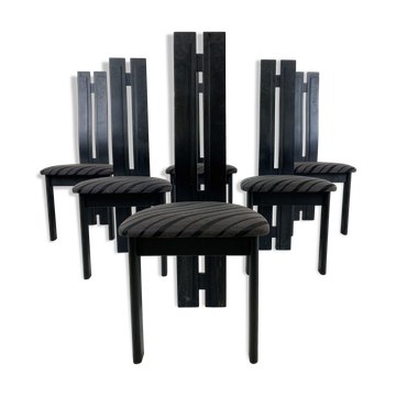 Set of 6 black wooden high back dining chairs - 1980s