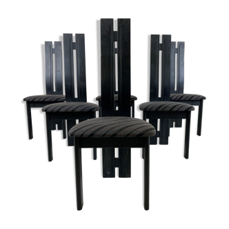 Set of 6 black wooden high back dining chairs - 1980s