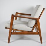 Fauteuil scandinave restauré avec repos-pieds, icône des années 60, tissu marron, teck
