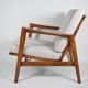 Fauteuil scandinave restauré avec repos-pieds, icône des années 60, tissu marron, teck