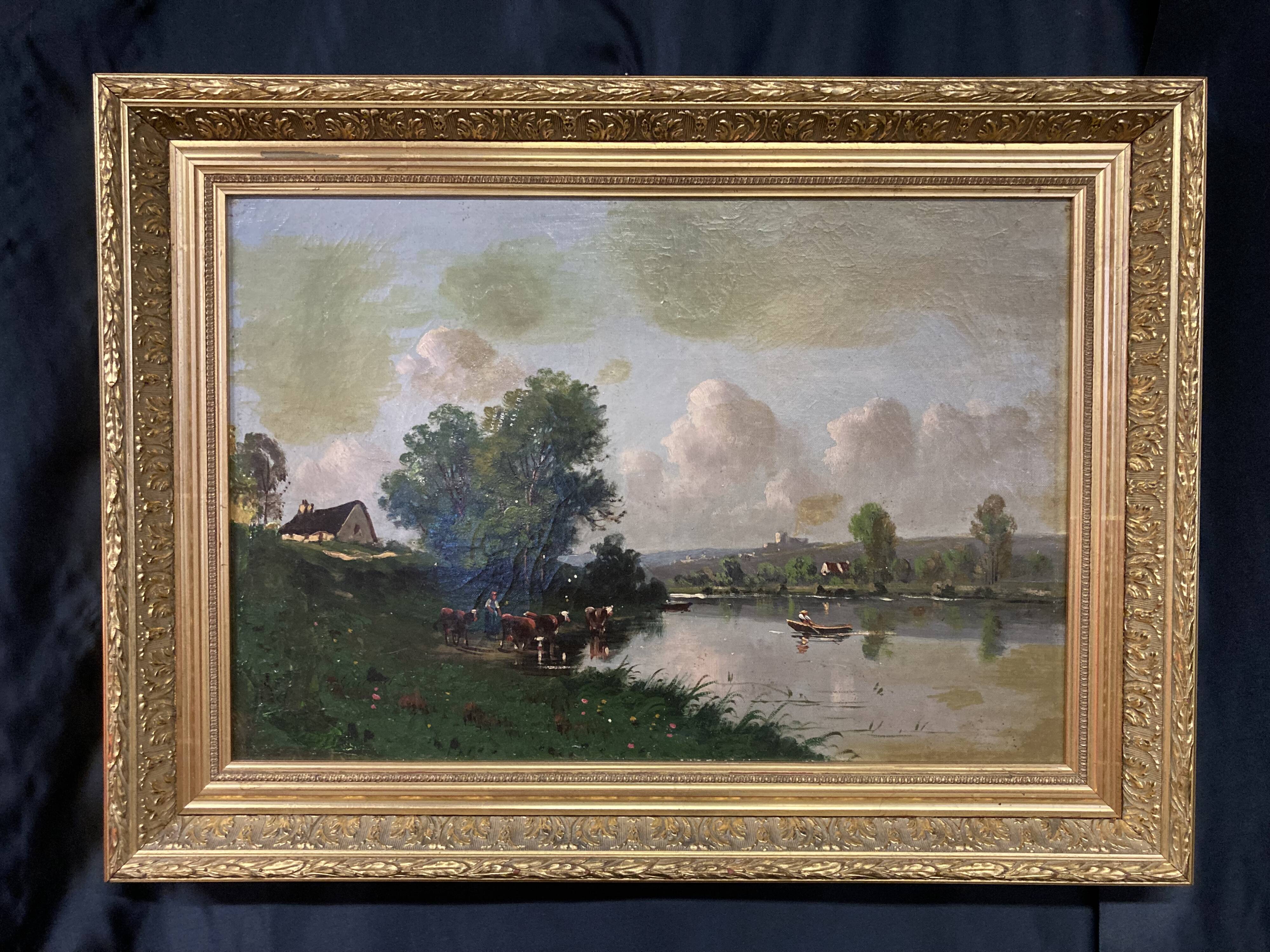 Norman lake landscape, 19th century oil on canvas, signed and framed