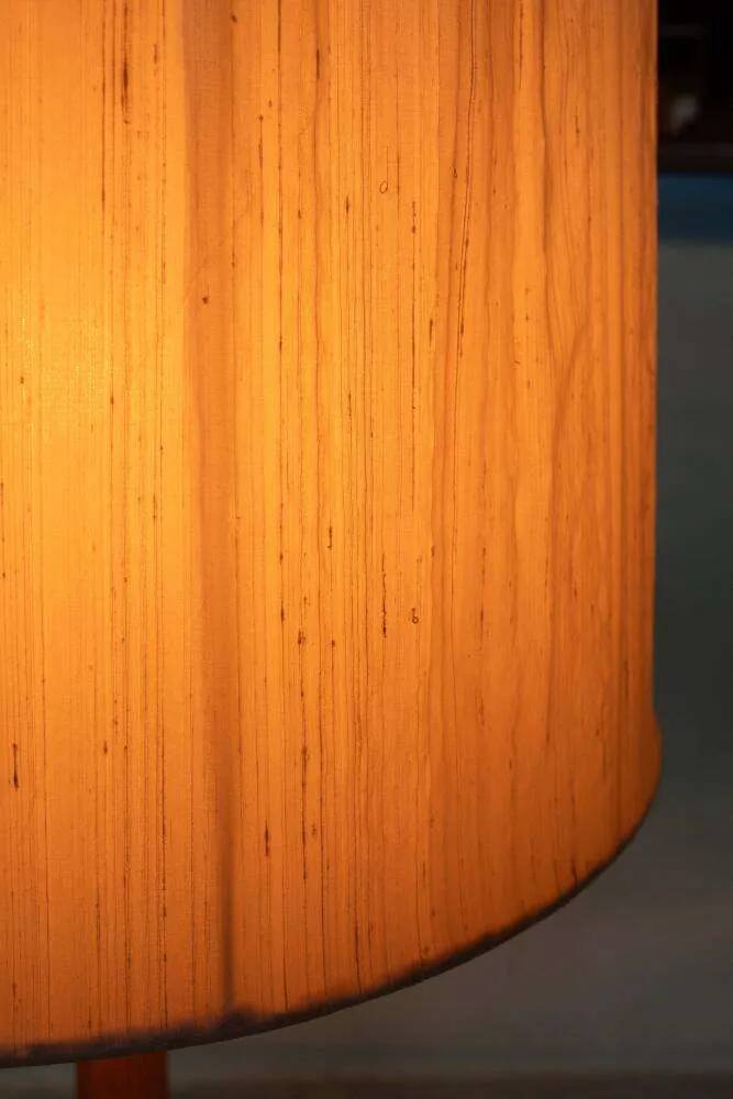 Vintage Swedish wooden floor lamp with pleated shade from the 1960s.