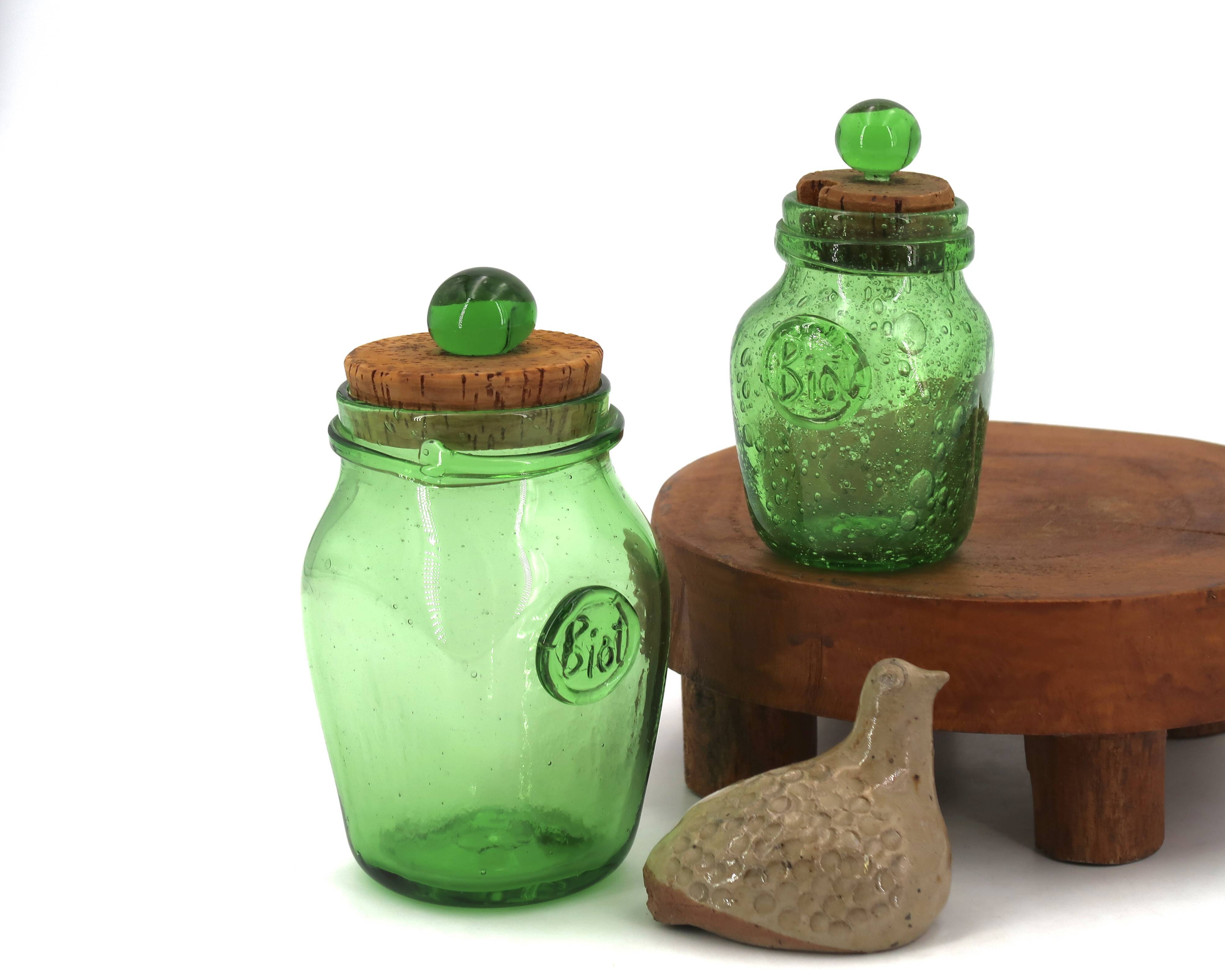 Two green bubble glass sweet jars from Biot, 1960s.