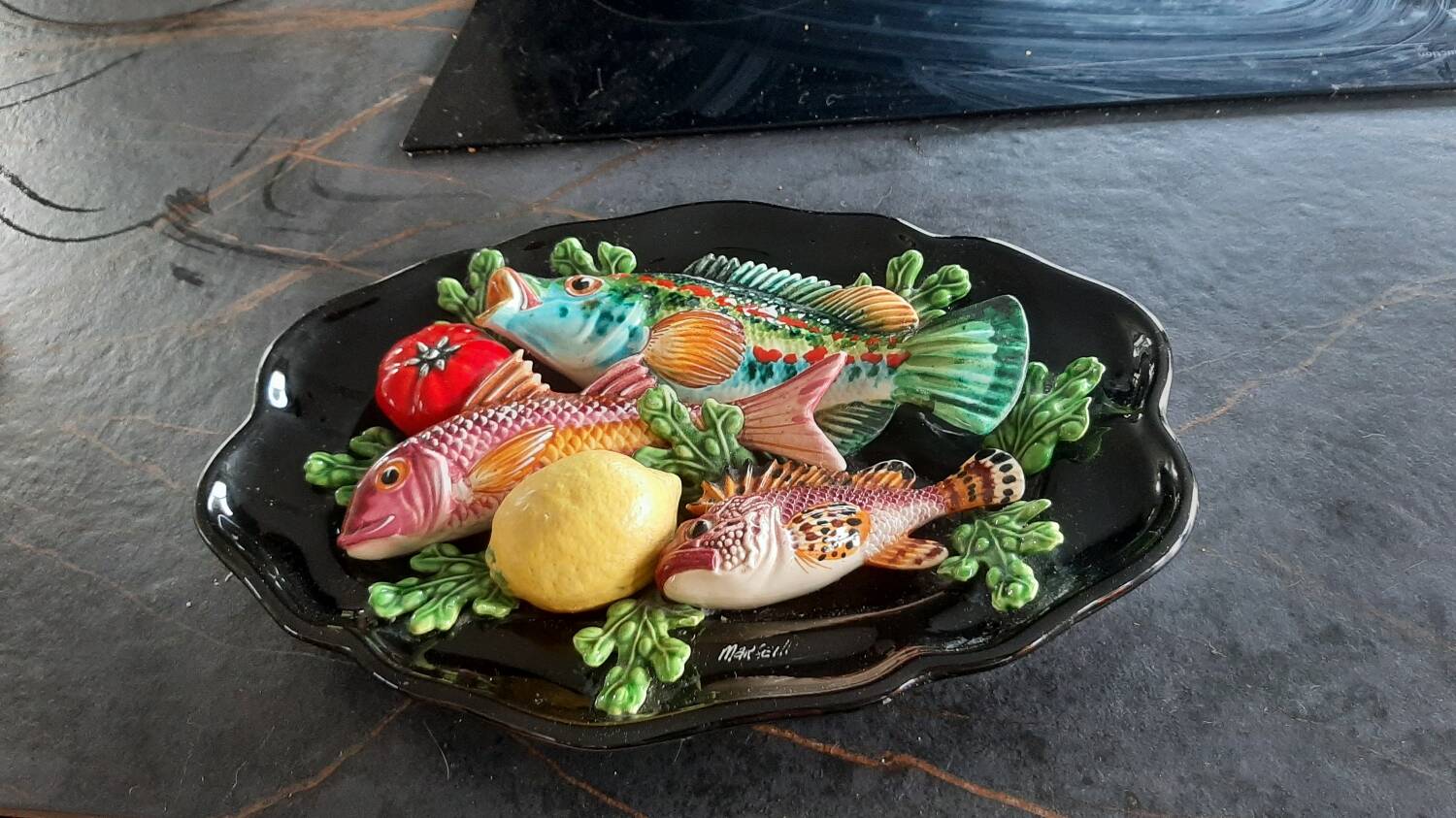 Ceramic dish slip trompe l'oeil fish tomato lemon algae