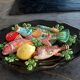 Ceramic dish slip trompe l'oeil fish tomato lemon algae