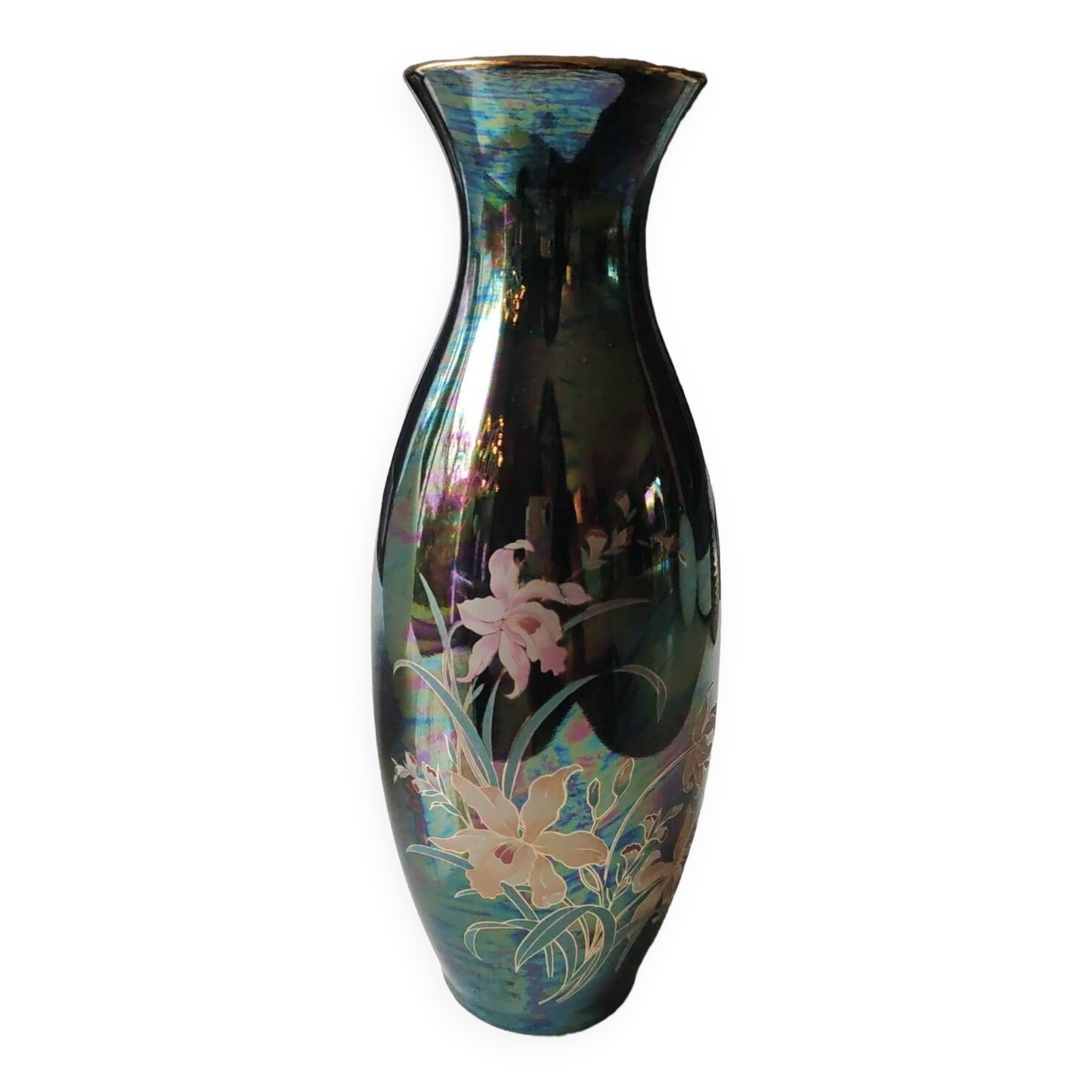 Iridescent japanese vase with floral patterns. stamped japan. high 27.5 cm