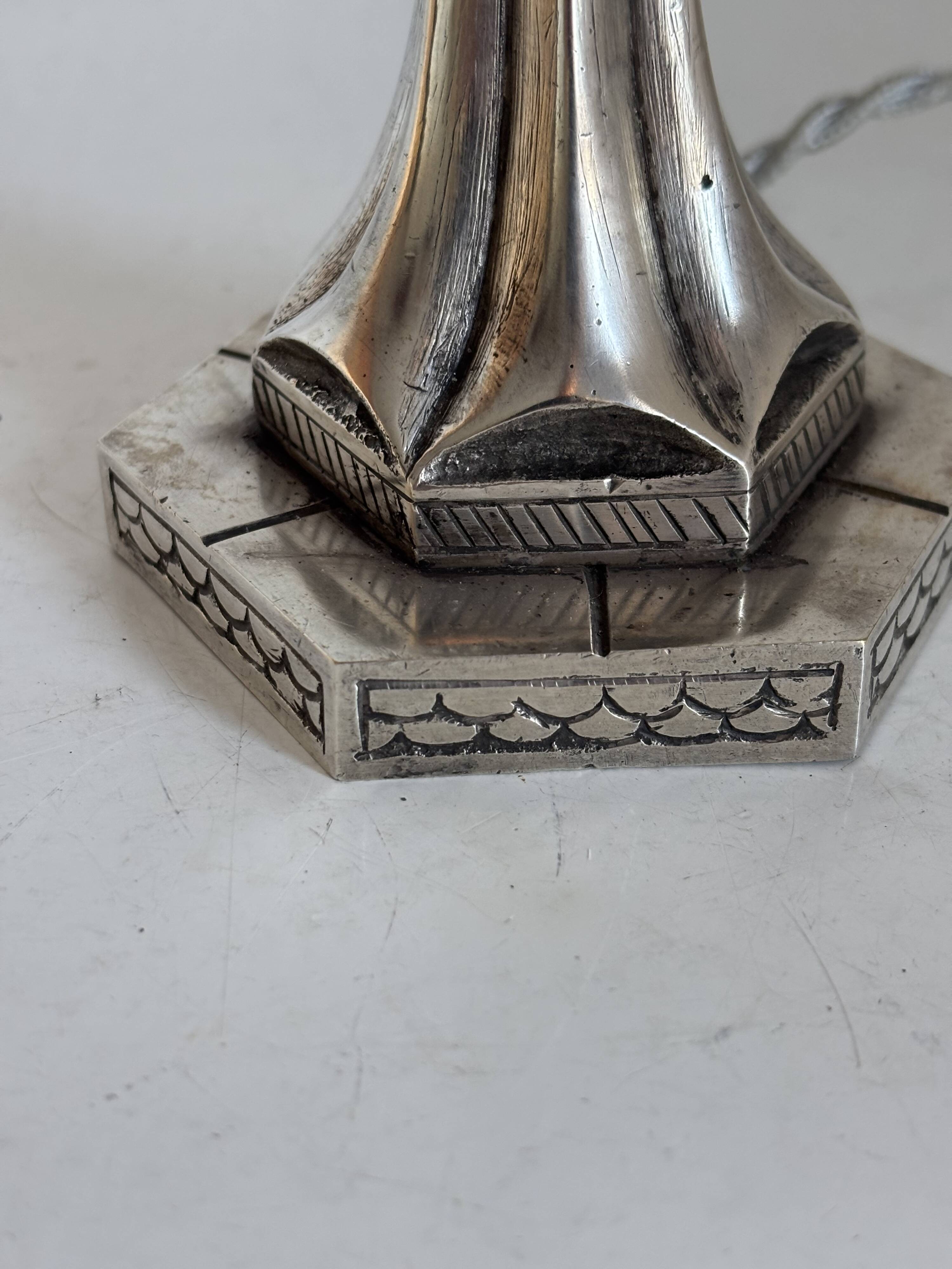 Art Deco table lamp from the 1920s–1930s — Tree trunk base in nickel metal