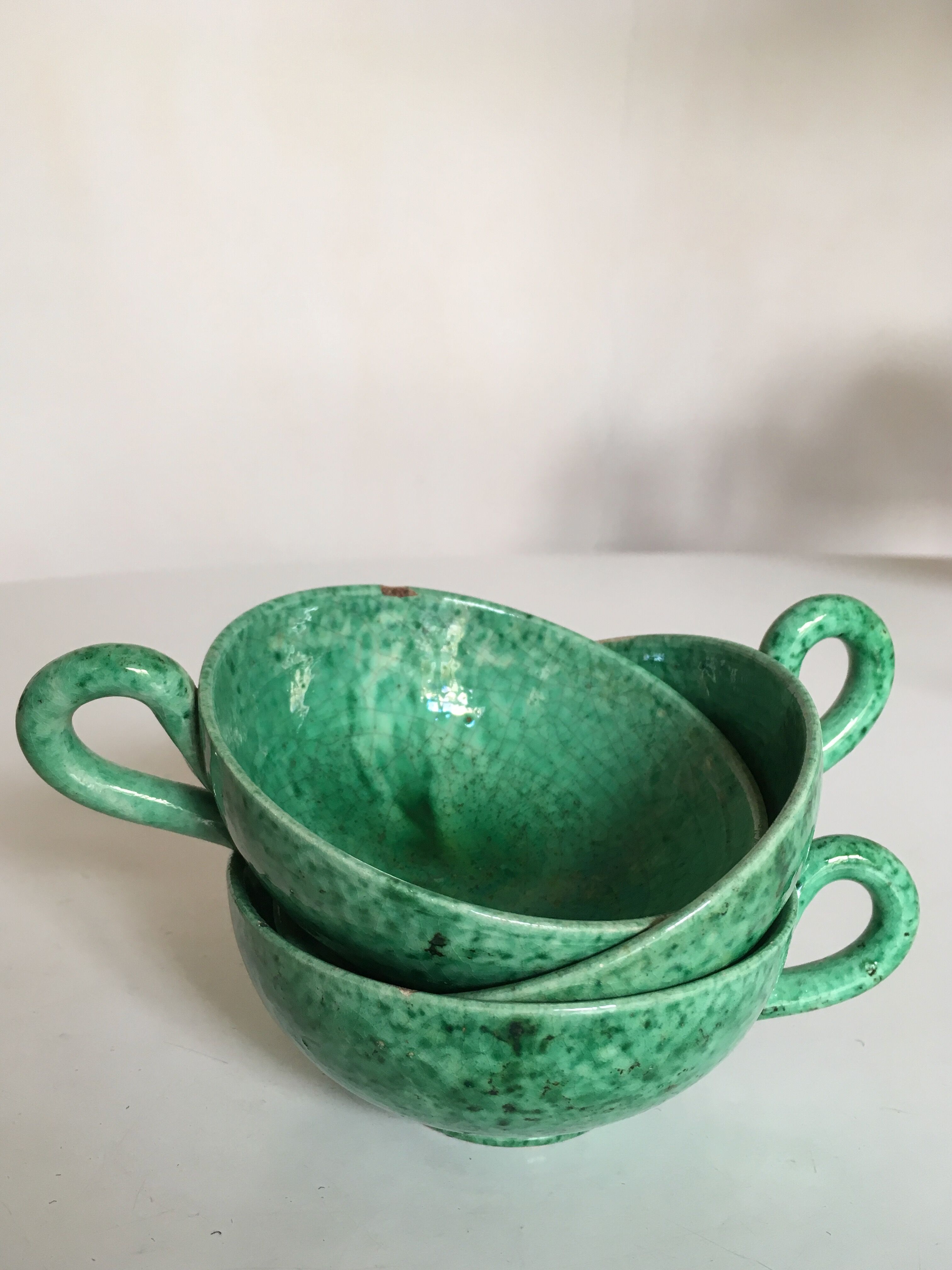 Cups green glazed ceramic, marius giuge, vallauris 50's