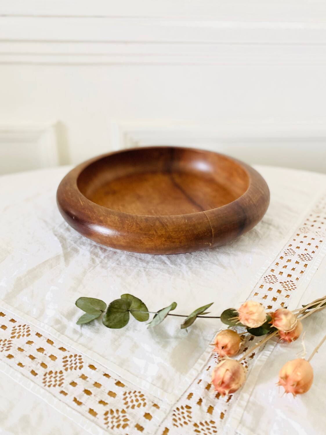 Empty round hollow flat bowl pocket in teak wood