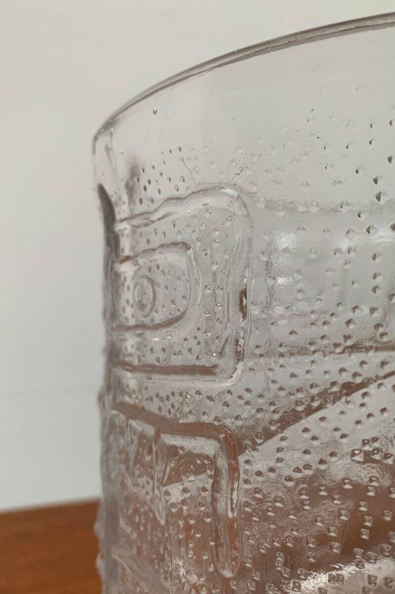 Large vintage glass vase or bowl with South American/Inca ornaments.