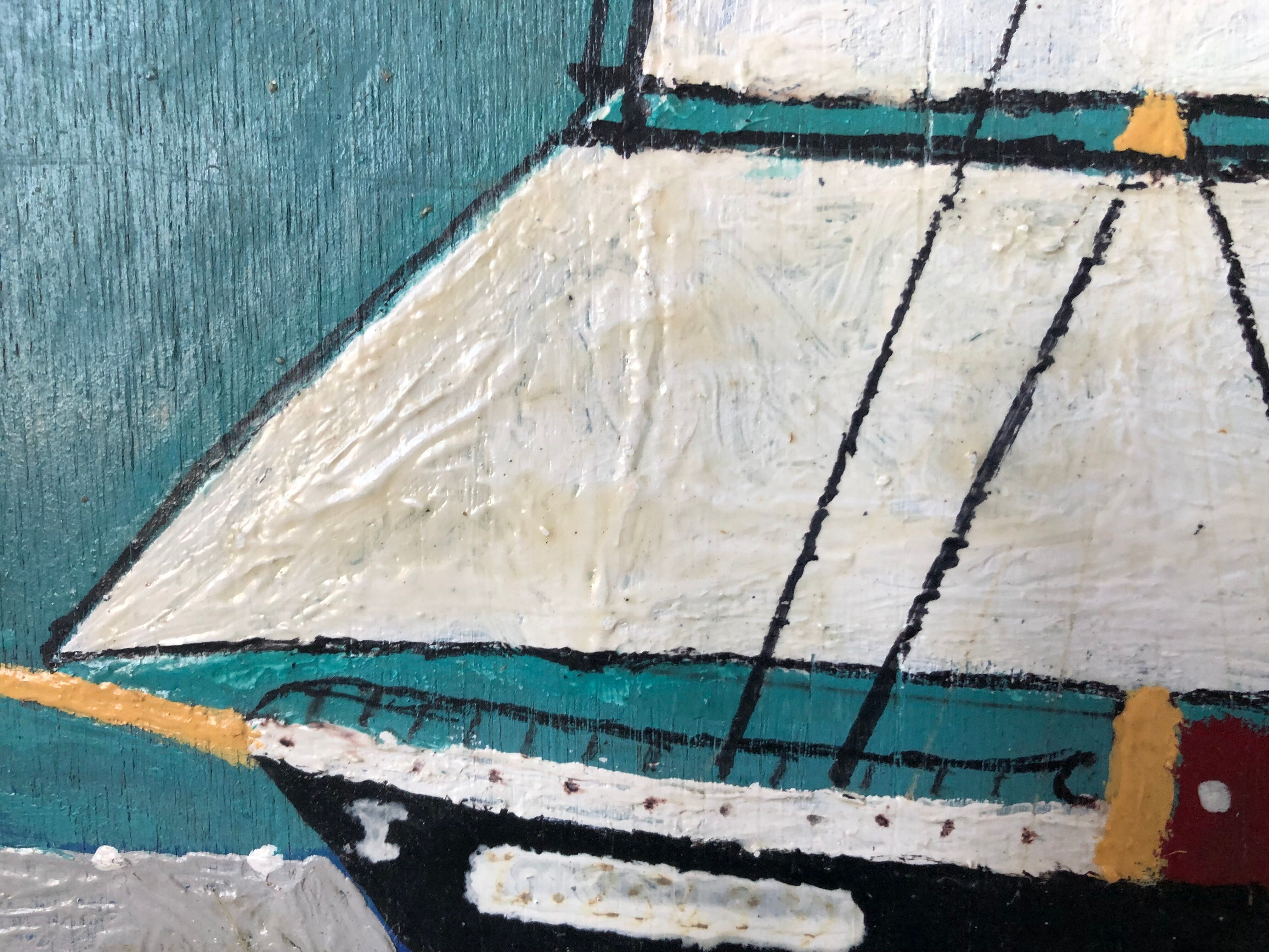 Painting oil on marine panel boat folk art naïve art 1930